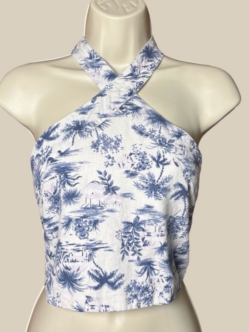 Linen Blend Blue & White Halter Crop Top - Tropical Print